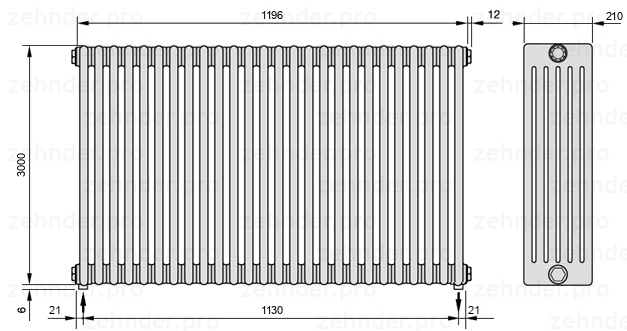 Схема (чертеж) Радиатор Zehnder Charleston 6300/26 №3570 Белый глянцевый RAL 9016